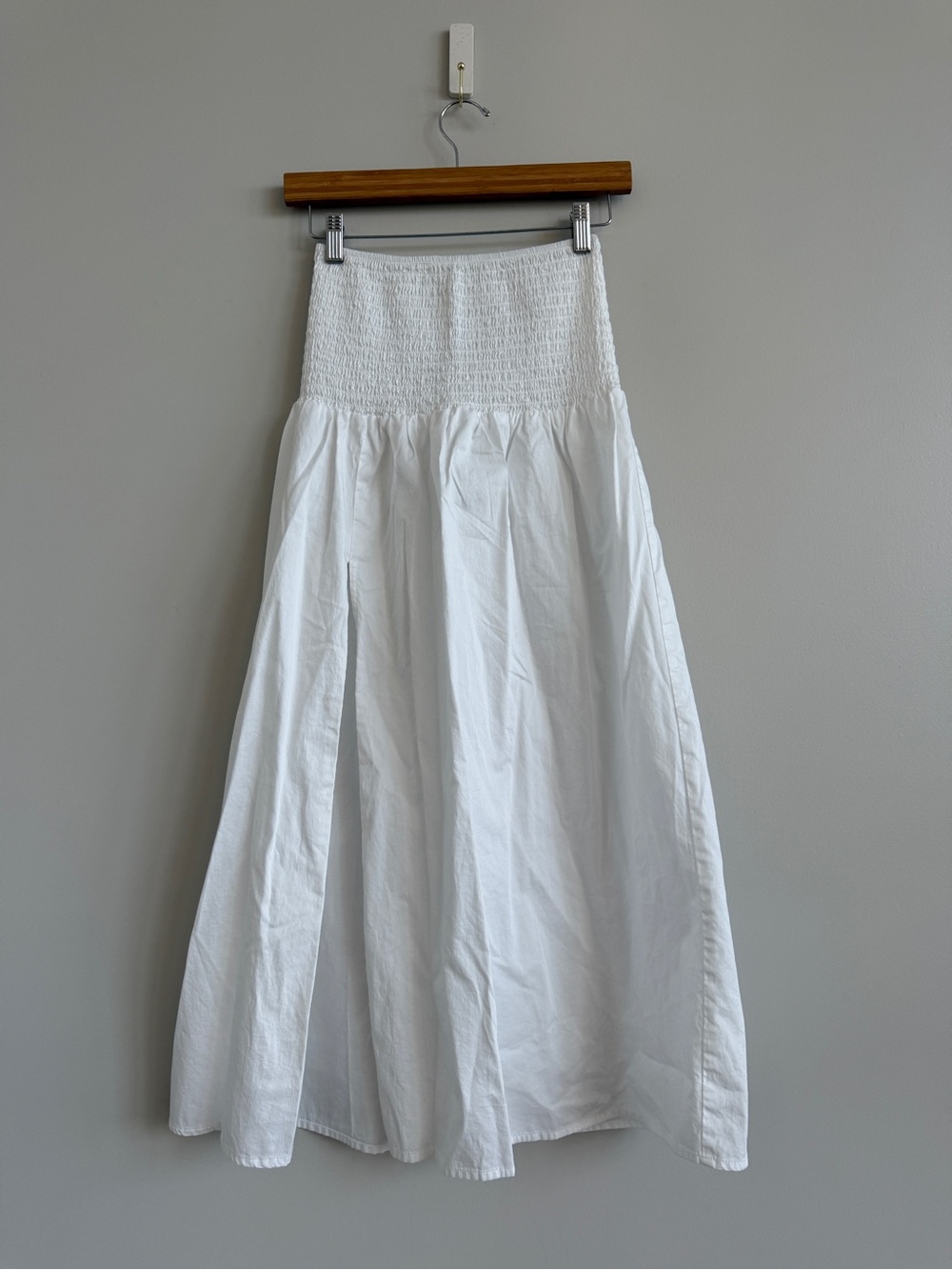 White Cotton Smocked Waist Maxi Skirt Front Slit